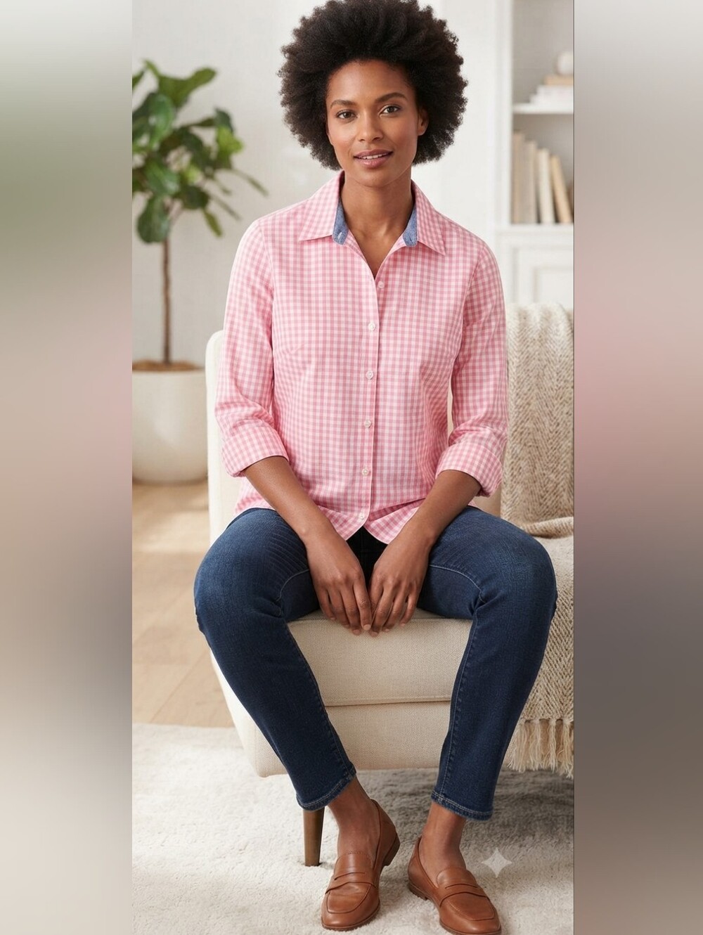 Charter Club Pink Gingham Button-Up Shirt Size 6 Euc